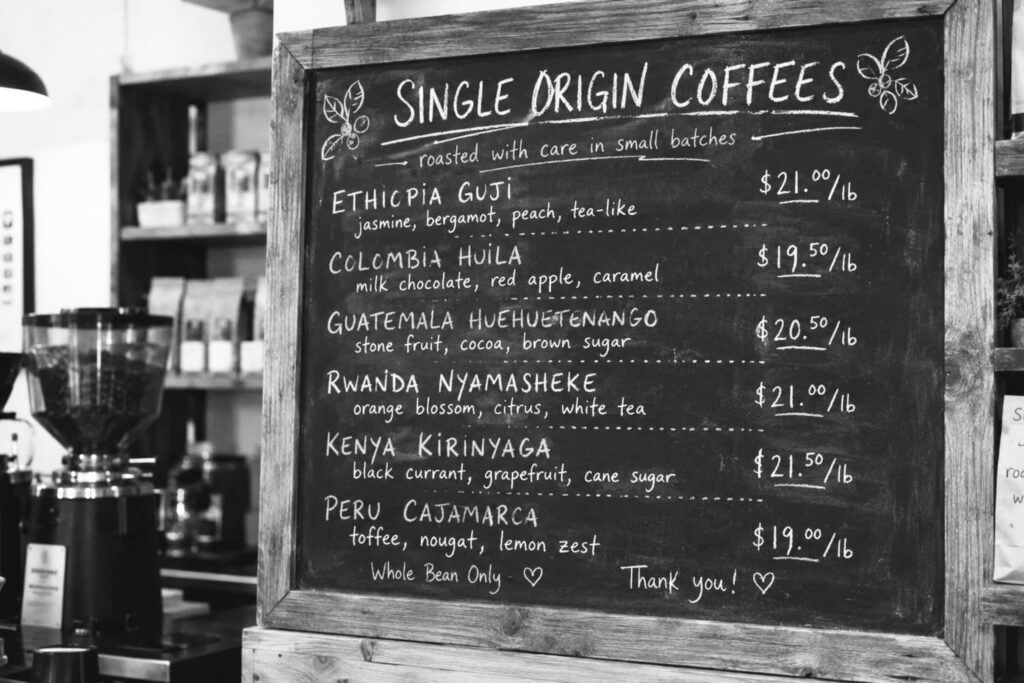 black and white photo of a coffee roastery menu