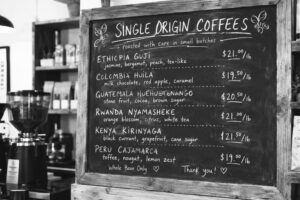 black and white photo of a coffee roastery menu