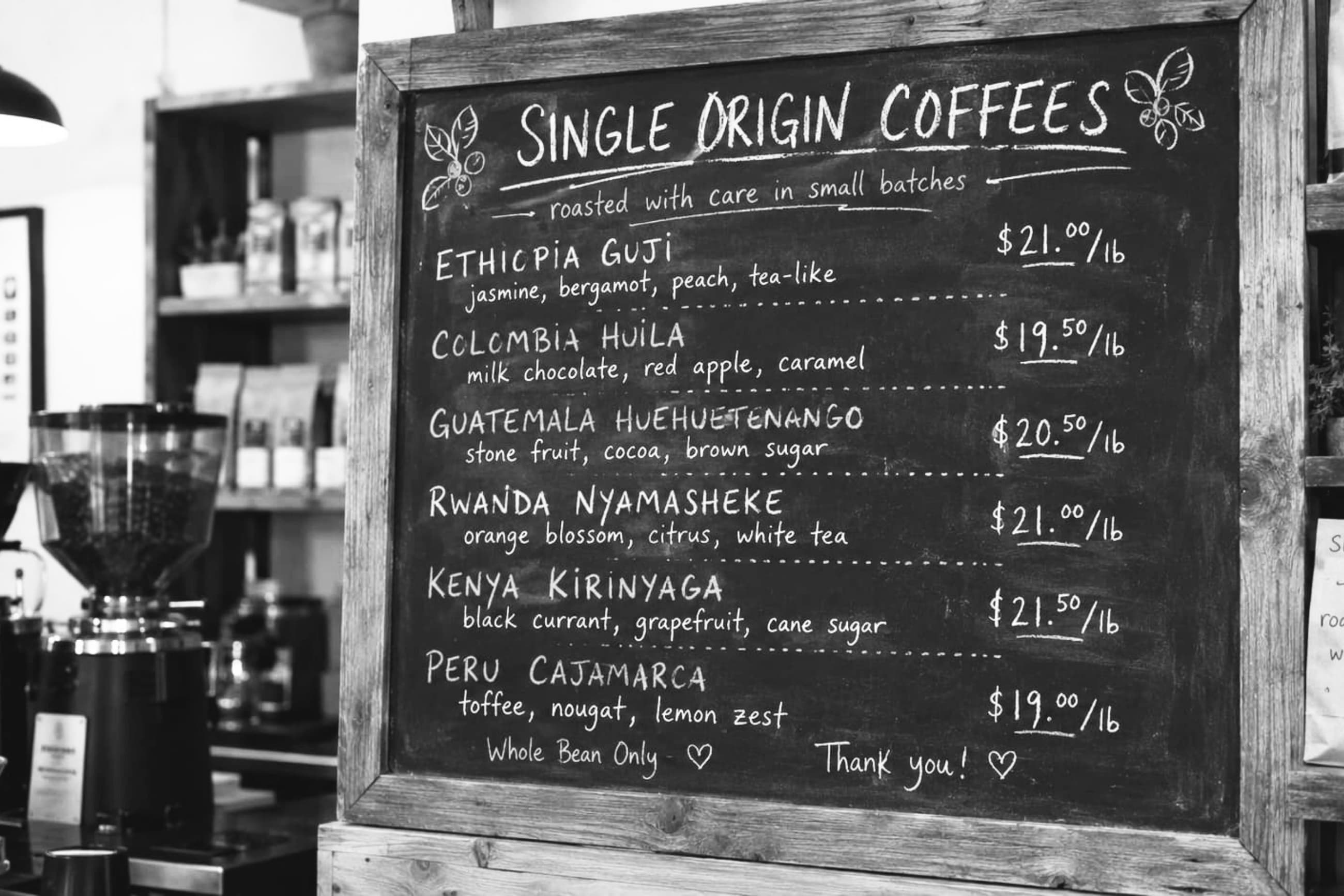 black and white photo of a coffee roastery menu